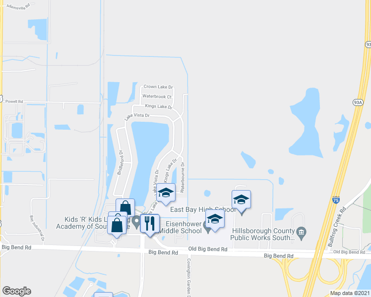 map of restaurants, bars, coffee shops, grocery stores, and more near 12836 Kings Lake Drive in Gibsonton