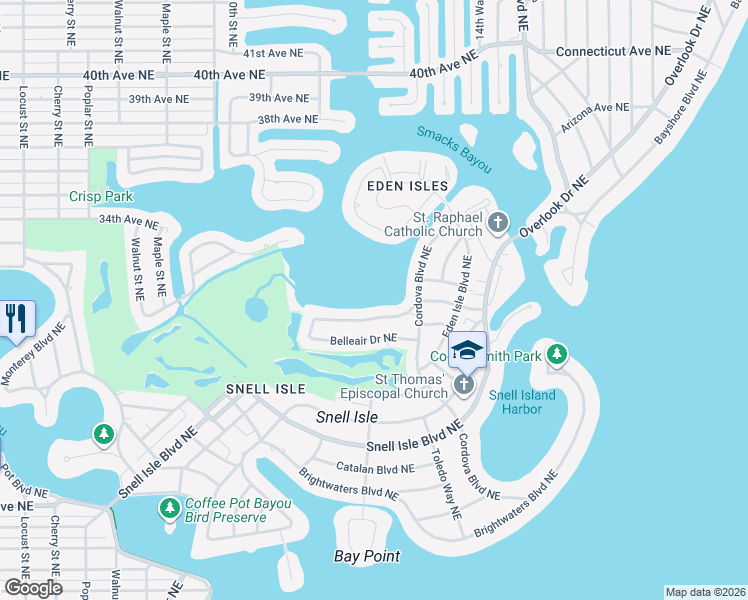 map of restaurants, bars, coffee shops, grocery stores, and more near 349 Bayview Drive Northeast in St. Petersburg
