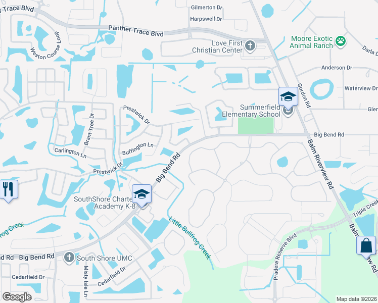 map of restaurants, bars, coffee shops, grocery stores, and more near 11814 Frost Aster Drive in Riverview