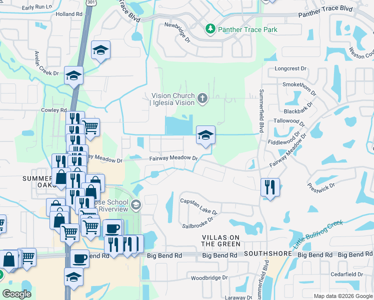map of restaurants, bars, coffee shops, grocery stores, and more near 12952 Trade Port Place in Riverview