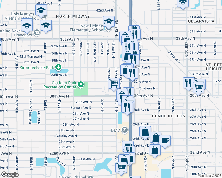 map of restaurants, bars, coffee shops, grocery stores, and more near 3125 36th Street North in St. Petersburg