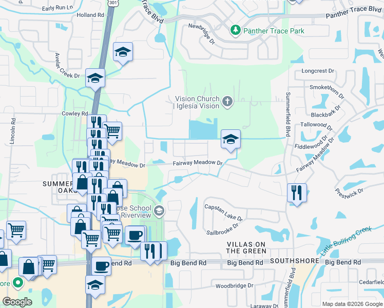 map of restaurants, bars, coffee shops, grocery stores, and more near 10933 Keys Gate Drive in Riverview