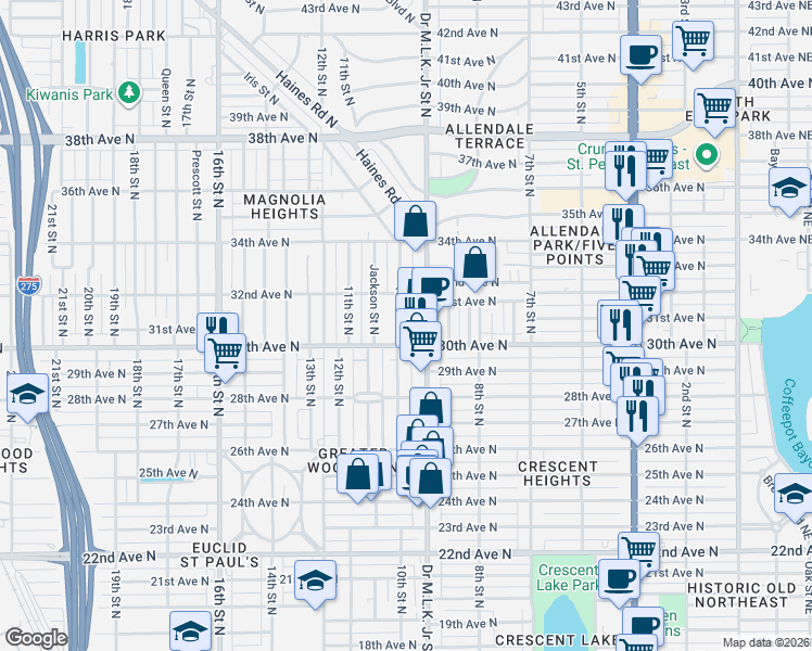 map of restaurants, bars, coffee shops, grocery stores, and more near 3037 10th Street North in St. Petersburg