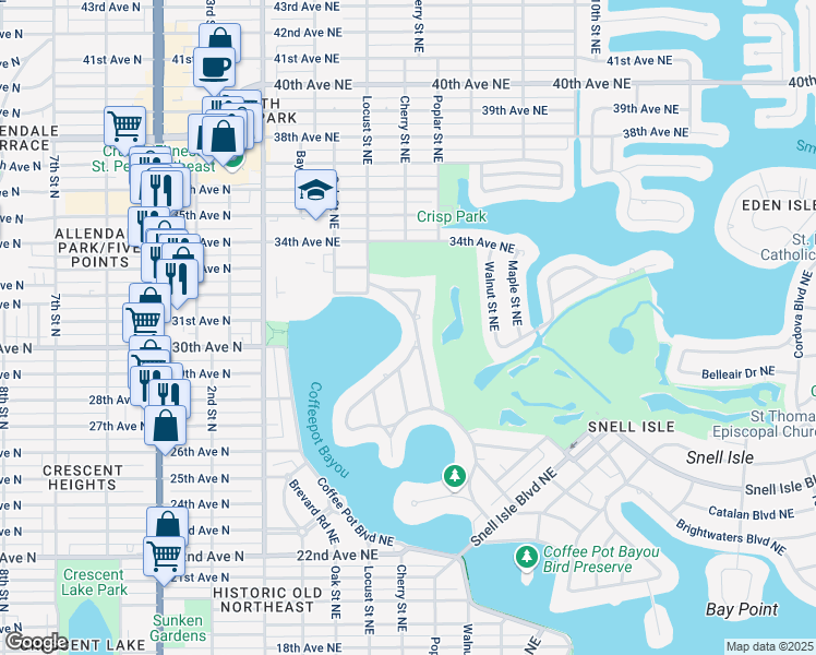 map of restaurants, bars, coffee shops, grocery stores, and more near 1326 Monterey Boulevard Northeast in St. Petersburg