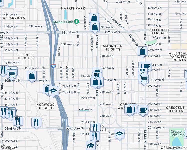 map of restaurants, bars, coffee shops, grocery stores, and more near 1639 30th Avenue North in St. Petersburg