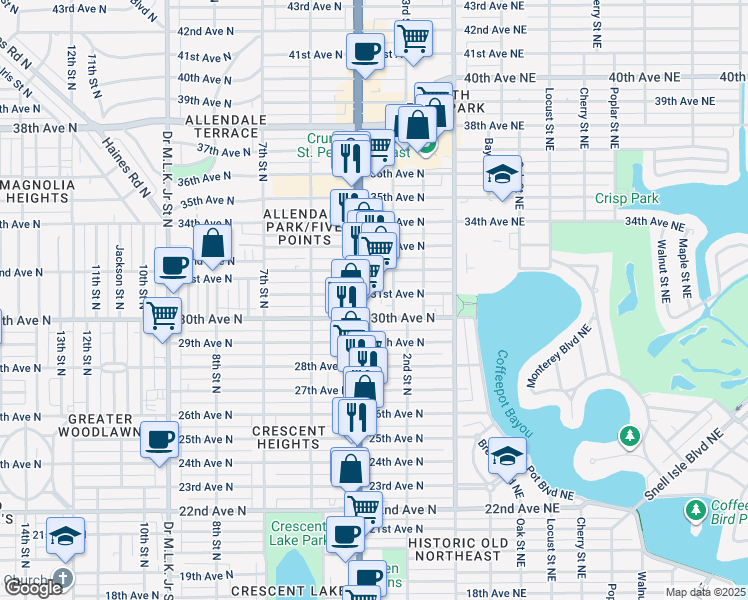 map of restaurants, bars, coffee shops, grocery stores, and more near 345 30th Avenue North in St. Petersburg