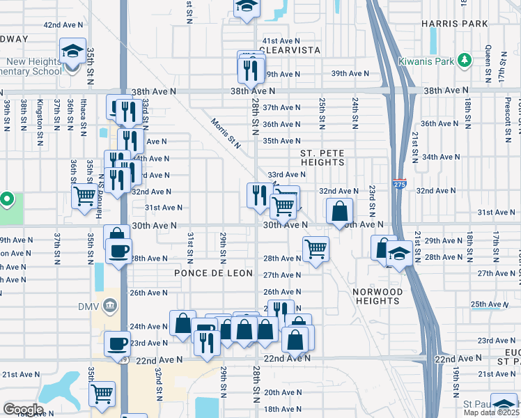 map of restaurants, bars, coffee shops, grocery stores, and more near 3001 28th Street North in St. Petersburg