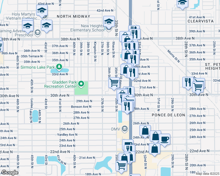 map of restaurants, bars, coffee shops, grocery stores, and more near 3601 30th Avenue North in St. Petersburg