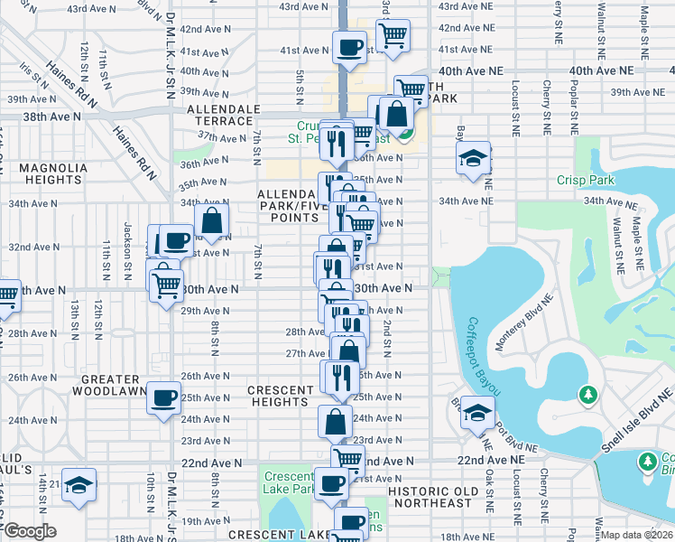 map of restaurants, bars, coffee shops, grocery stores, and more near 441 30th Avenue North in St. Petersburg