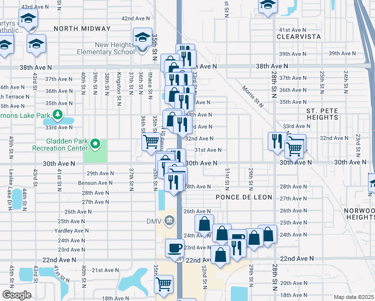 map of restaurants, bars, coffee shops, grocery stores, and more near 3311 30th Avenue North in St. Petersburg