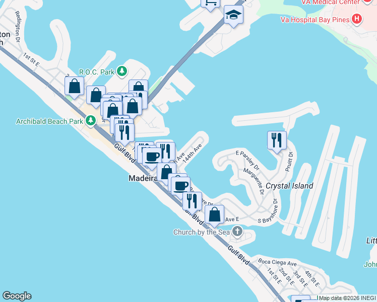 map of restaurants, bars, coffee shops, grocery stores, and more near 243 144th Avenue in Madeira Beach