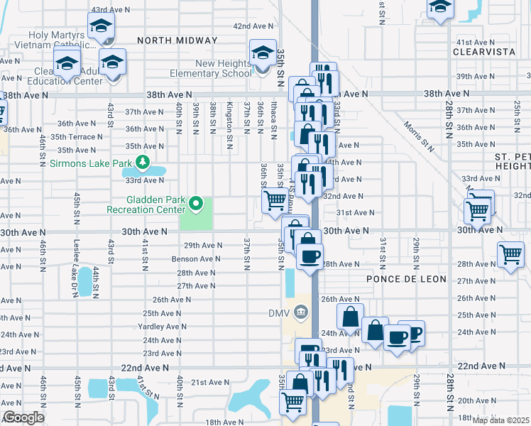 map of restaurants, bars, coffee shops, grocery stores, and more near 3601 30th Avenue North in St. Petersburg