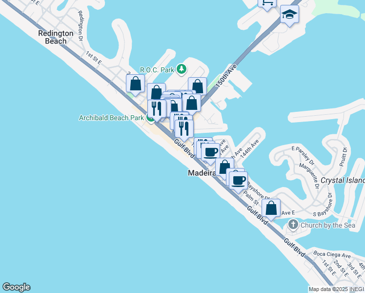 map of restaurants, bars, coffee shops, grocery stores, and more near 14808 Gulf Boulevard in Madeira Beach