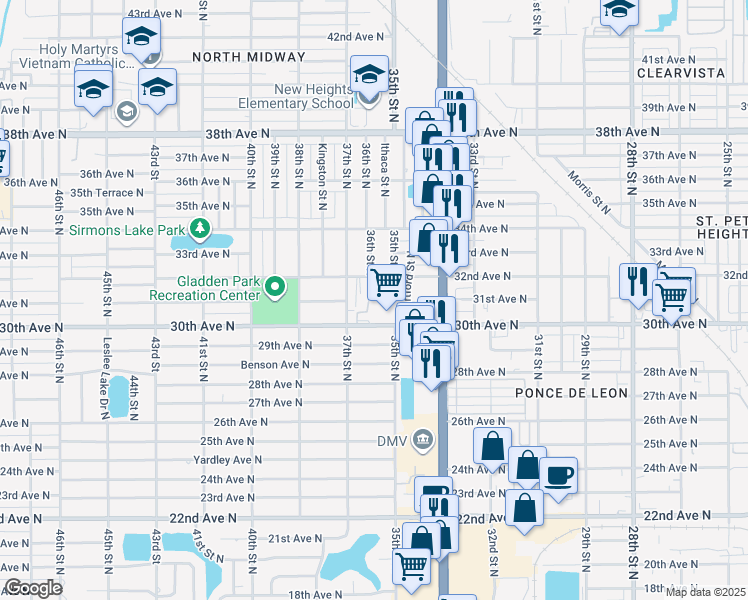 map of restaurants, bars, coffee shops, grocery stores, and more near 3125 36th Street North in St. Petersburg