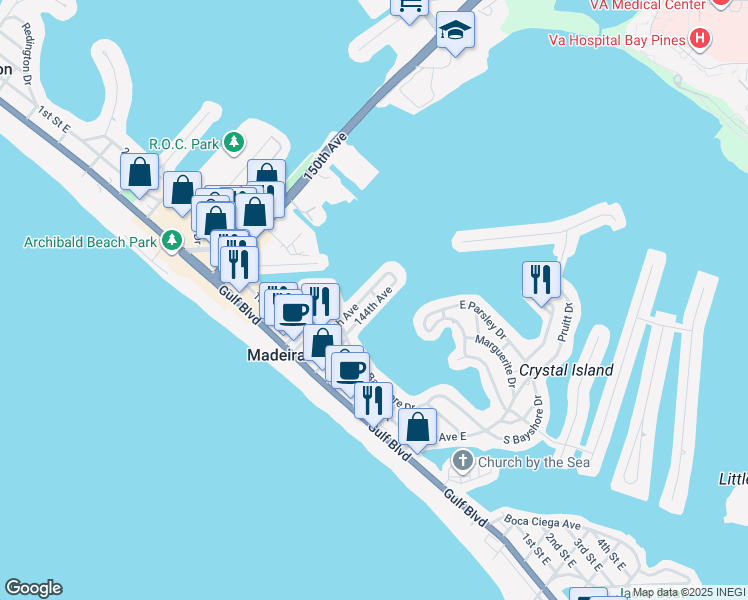 map of restaurants, bars, coffee shops, grocery stores, and more near 256 144th Avenue in Madeira Beach