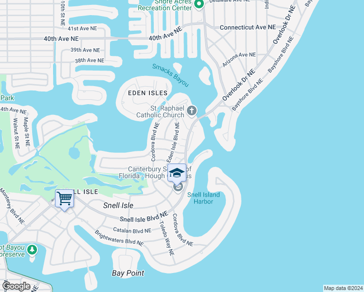 map of restaurants, bars, coffee shops, grocery stores, and more near 1050 Rafael Boulevard Northeast in St. Petersburg