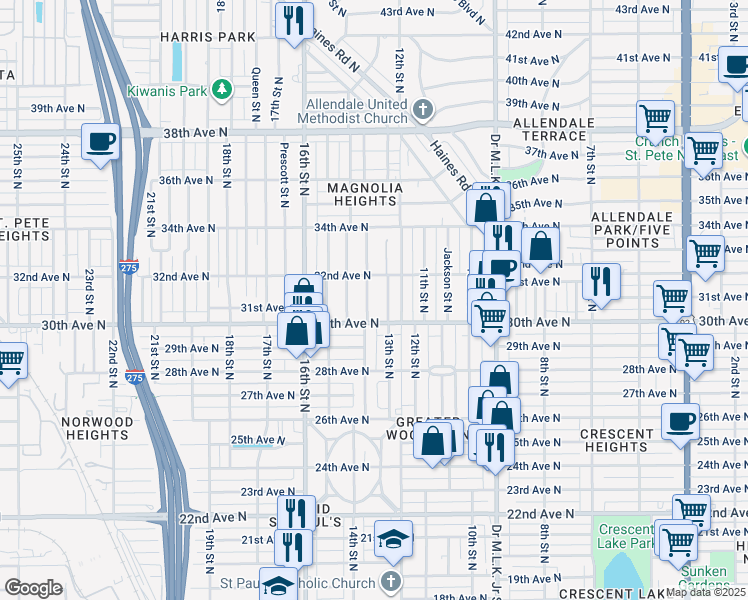 map of restaurants, bars, coffee shops, grocery stores, and more near 3006 13th Street North in St. Petersburg