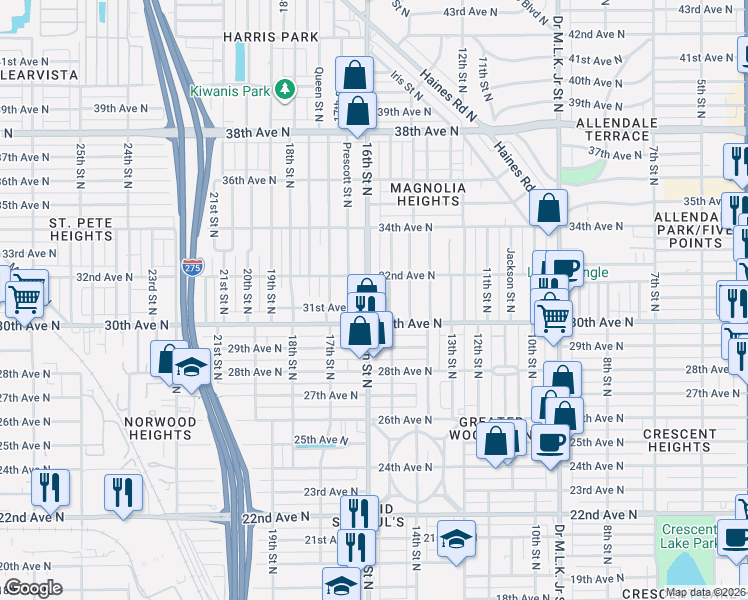 map of restaurants, bars, coffee shops, grocery stores, and more near 1521 30th Avenue North in St. Petersburg