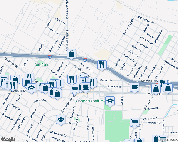 map of restaurants, bars, coffee shops, grocery stores, and more near 3118 Buddy Lawrence Drive in Corpus Christi