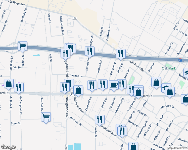 map of restaurants, bars, coffee shops, grocery stores, and more near 745 Cantwell Lane in Corpus Christi