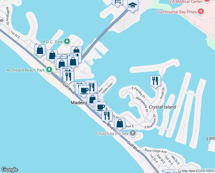 map of restaurants, bars, coffee shops, grocery stores, and more near 243 144th Avenue in Madeira Beach