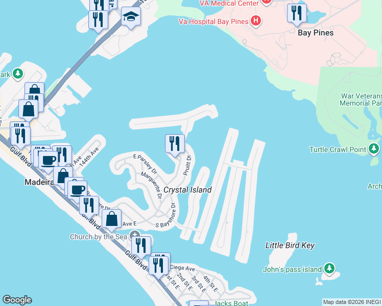 map of restaurants, bars, coffee shops, grocery stores, and more near 736 Pruitt Drive in Madeira Beach