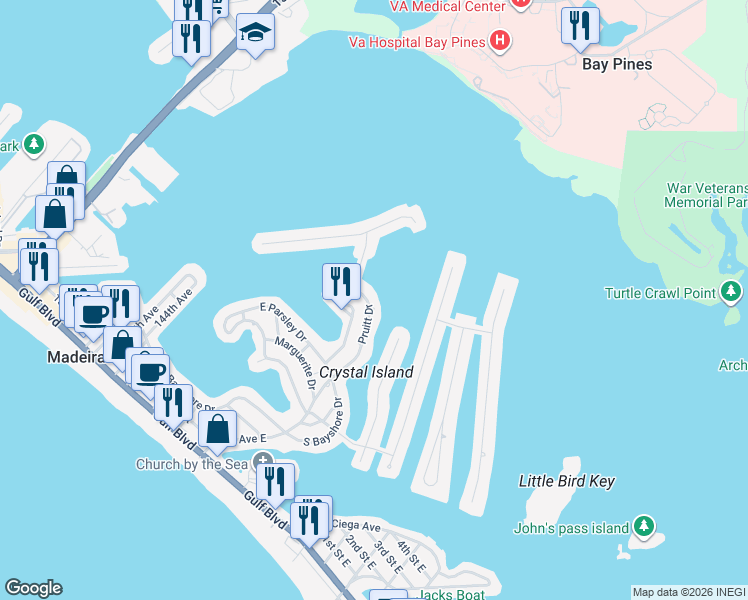 map of restaurants, bars, coffee shops, grocery stores, and more near 736 Pruitt Drive in Madeira Beach