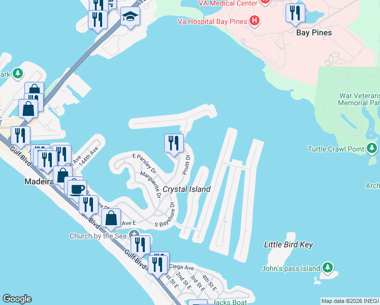 map of restaurants, bars, coffee shops, grocery stores, and more near 732 Pruitt Drive in Madeira Beach