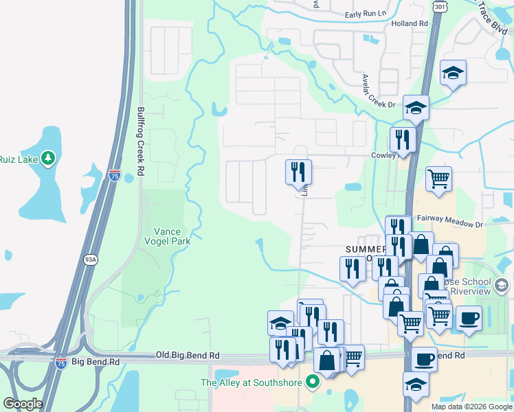 map of restaurants, bars, coffee shops, grocery stores, and more near 12965 Tribute Drive in Riverview