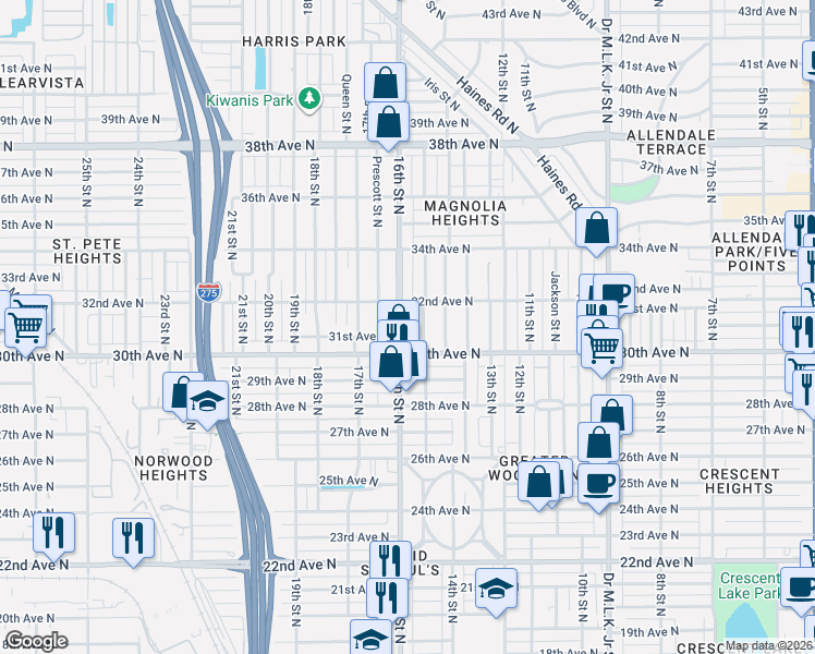 map of restaurants, bars, coffee shops, grocery stores, and more near 1521 30th Avenue North in St. Petersburg