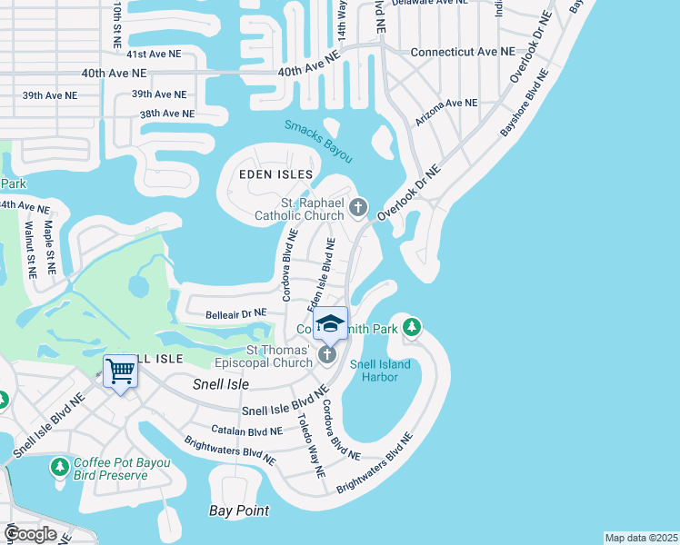 map of restaurants, bars, coffee shops, grocery stores, and more near 1050 Rafael Boulevard Northeast in St. Petersburg