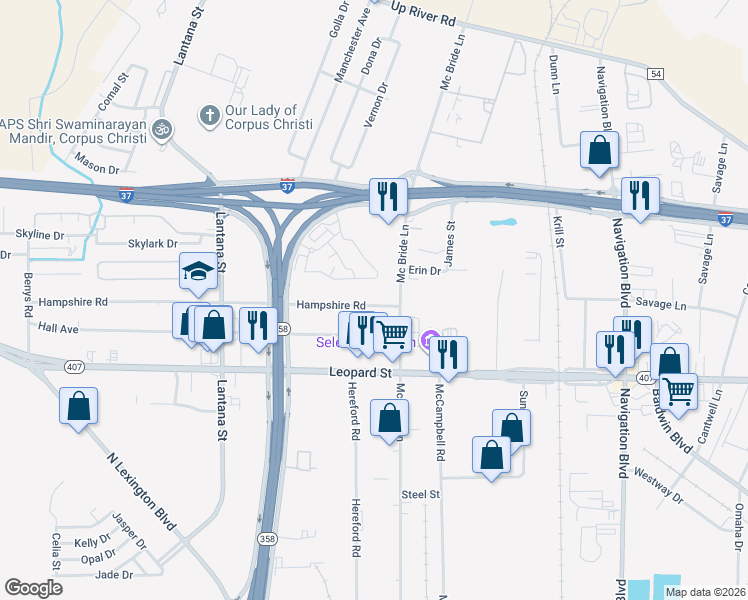 map of restaurants, bars, coffee shops, grocery stores, and more near 5526 Hampshire Road in Corpus Christi