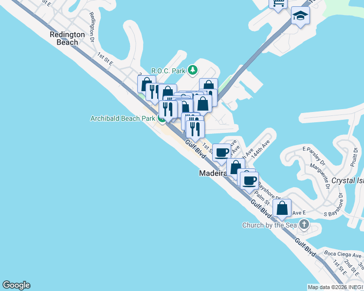 map of restaurants, bars, coffee shops, grocery stores, and more near 15000 Gulf Boulevard in Madeira Beach