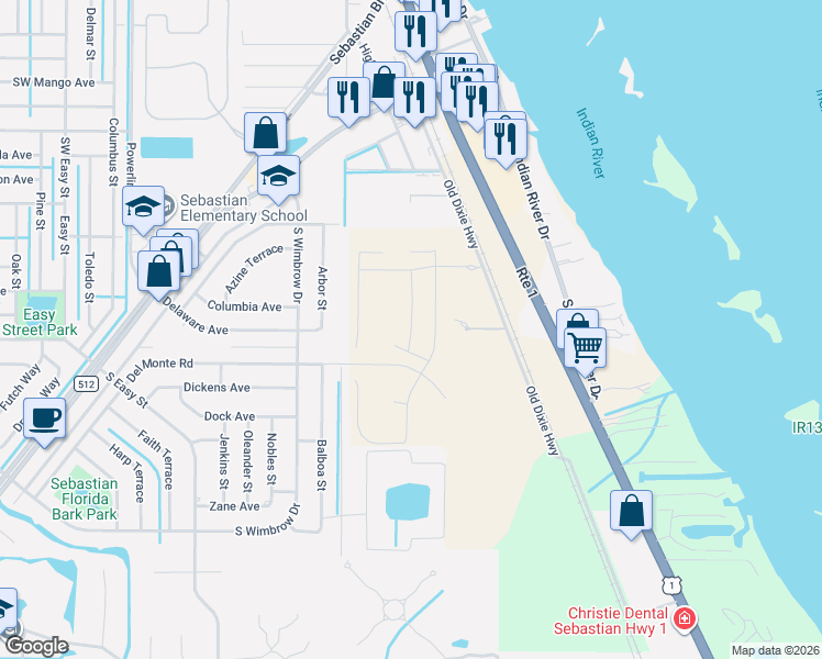 map of restaurants, bars, coffee shops, grocery stores, and more near 11425 Old Dixie Highway in Sebastian