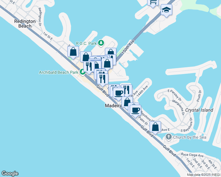 map of restaurants, bars, coffee shops, grocery stores, and more near 14925 1st Street East in Madeira Beach