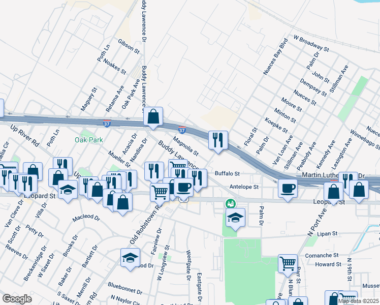 map of restaurants, bars, coffee shops, grocery stores, and more near 3141 Huisache Street in Corpus Christi