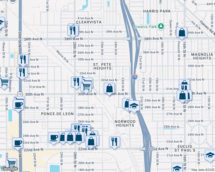 map of restaurants, bars, coffee shops, grocery stores, and more near 2464 32nd Avenue North in St. Petersburg