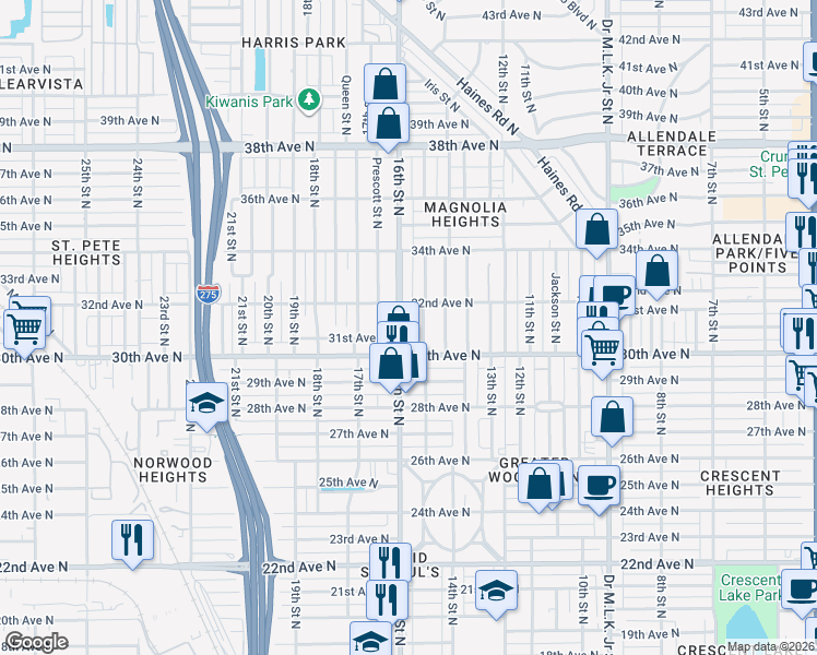 map of restaurants, bars, coffee shops, grocery stores, and more near 1550 32nd Avenue North in St. Petersburg