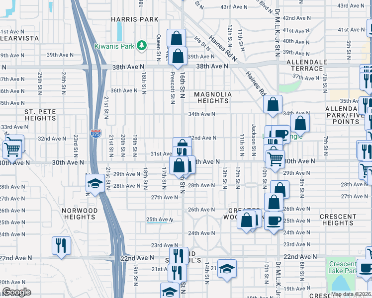 map of restaurants, bars, coffee shops, grocery stores, and more near 1550 32nd Avenue North in St. Petersburg