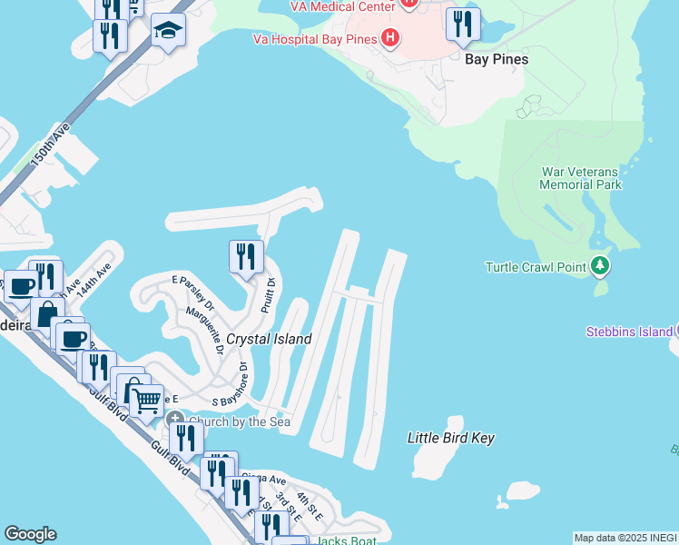 map of restaurants, bars, coffee shops, grocery stores, and more near 575 Crystal Drive in Madeira Beach