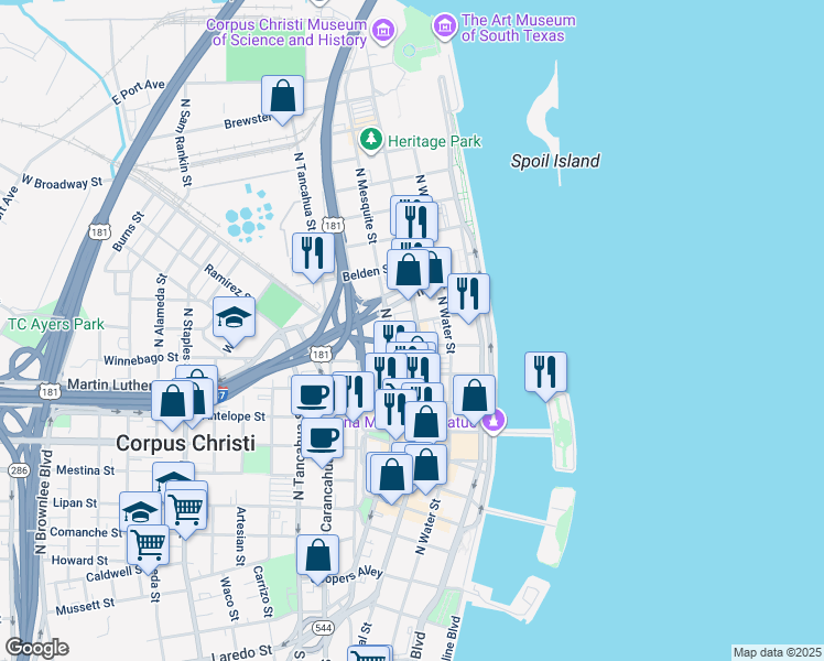 map of restaurants, bars, coffee shops, grocery stores, and more near 1002 North Chaparral Street in Corpus Christi