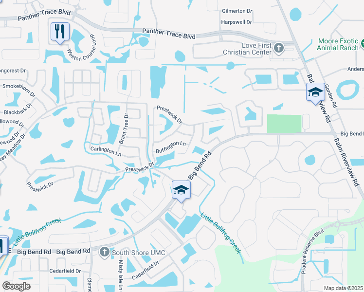 map of restaurants, bars, coffee shops, grocery stores, and more near 12209 Matchfield Way in Riverview