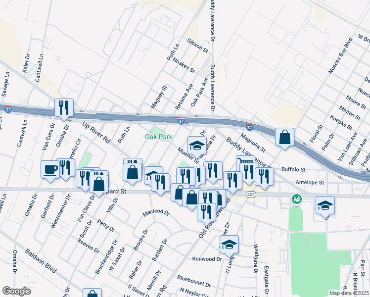 map of restaurants, bars, coffee shops, grocery stores, and more near 910 Oak Park Avenue in Corpus Christi