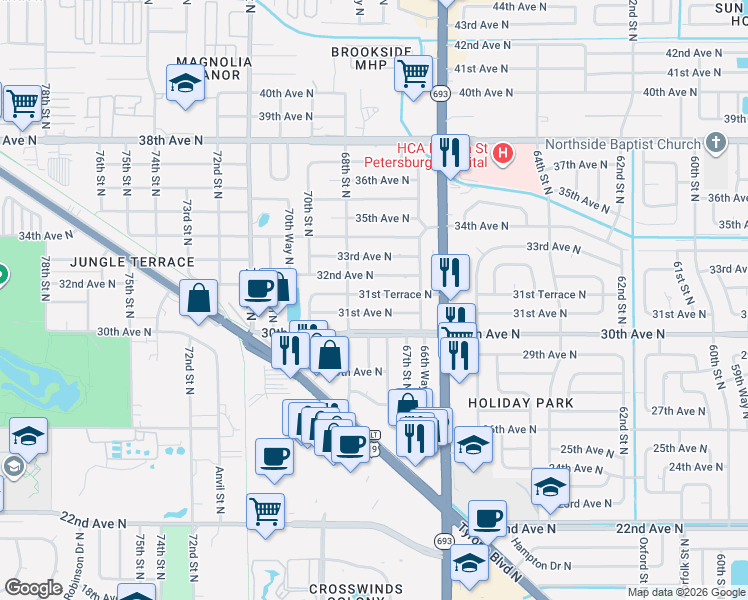 map of restaurants, bars, coffee shops, grocery stores, and more near 6720 32nd Avenue North in St. Petersburg
