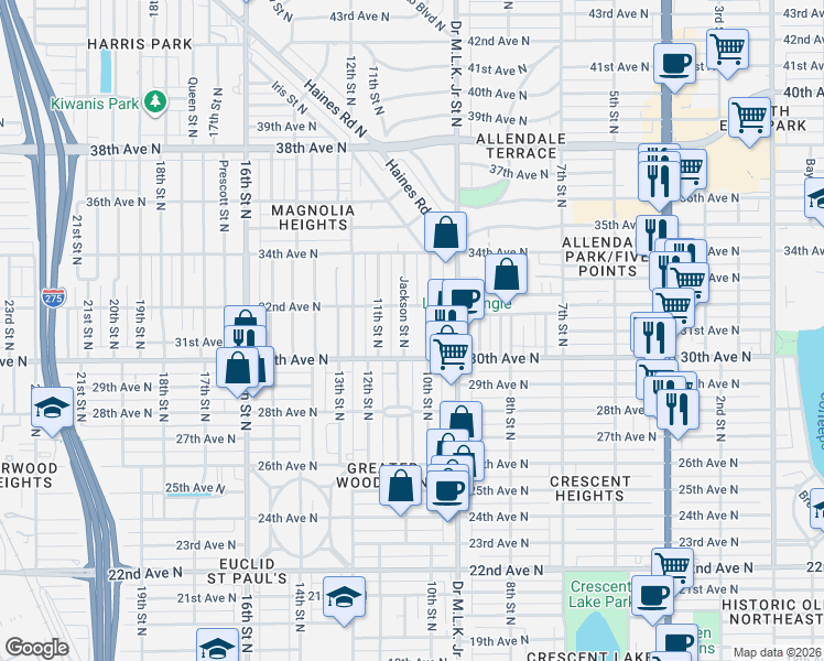 map of restaurants, bars, coffee shops, grocery stores, and more near 3105 Jackson Street North in Saint Petersburg