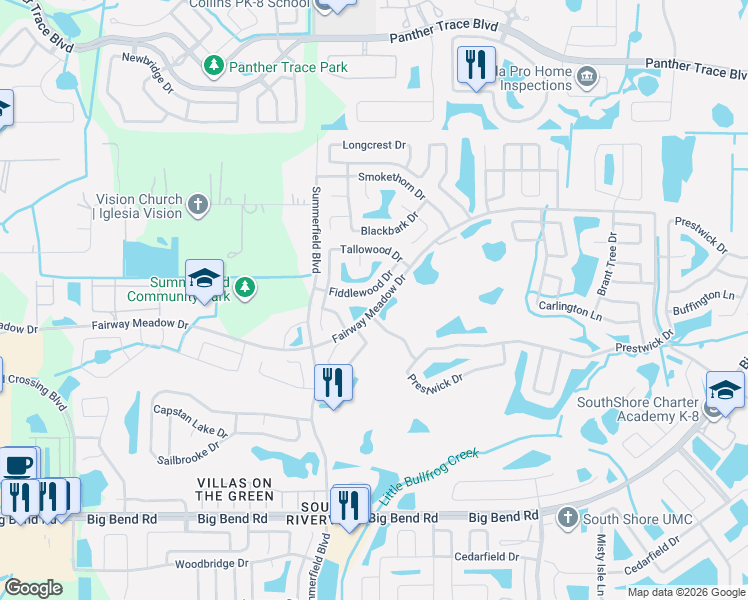 map of restaurants, bars, coffee shops, grocery stores, and more near 11222 Fiddlewood Drive in Riverview