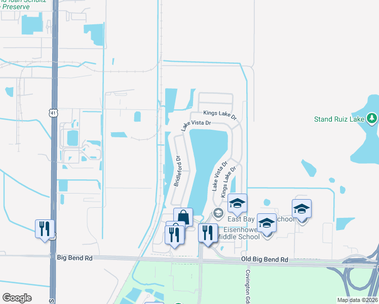map of restaurants, bars, coffee shops, grocery stores, and more near 12621 Lake Vista Drive in Gibsonton