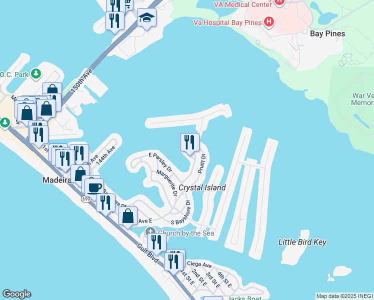 map of restaurants, bars, coffee shops, grocery stores, and more near 753 Pruitt Drive in Madeira Beach