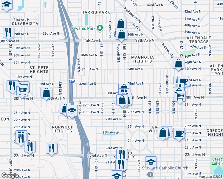map of restaurants, bars, coffee shops, grocery stores, and more near 1732 32nd Avenue North in St. Petersburg