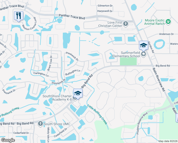 map of restaurants, bars, coffee shops, grocery stores, and more near 13226 Pike Lake Drive in Riverview
